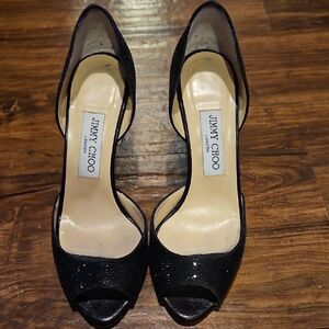 Jimmy Choo Black Patent Leather Heels with Peep-Toe Design